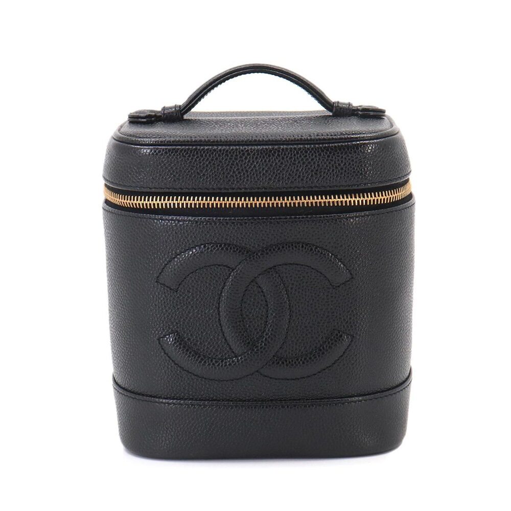 CHANEL Black Caviar Leather Logo Vanity Bag